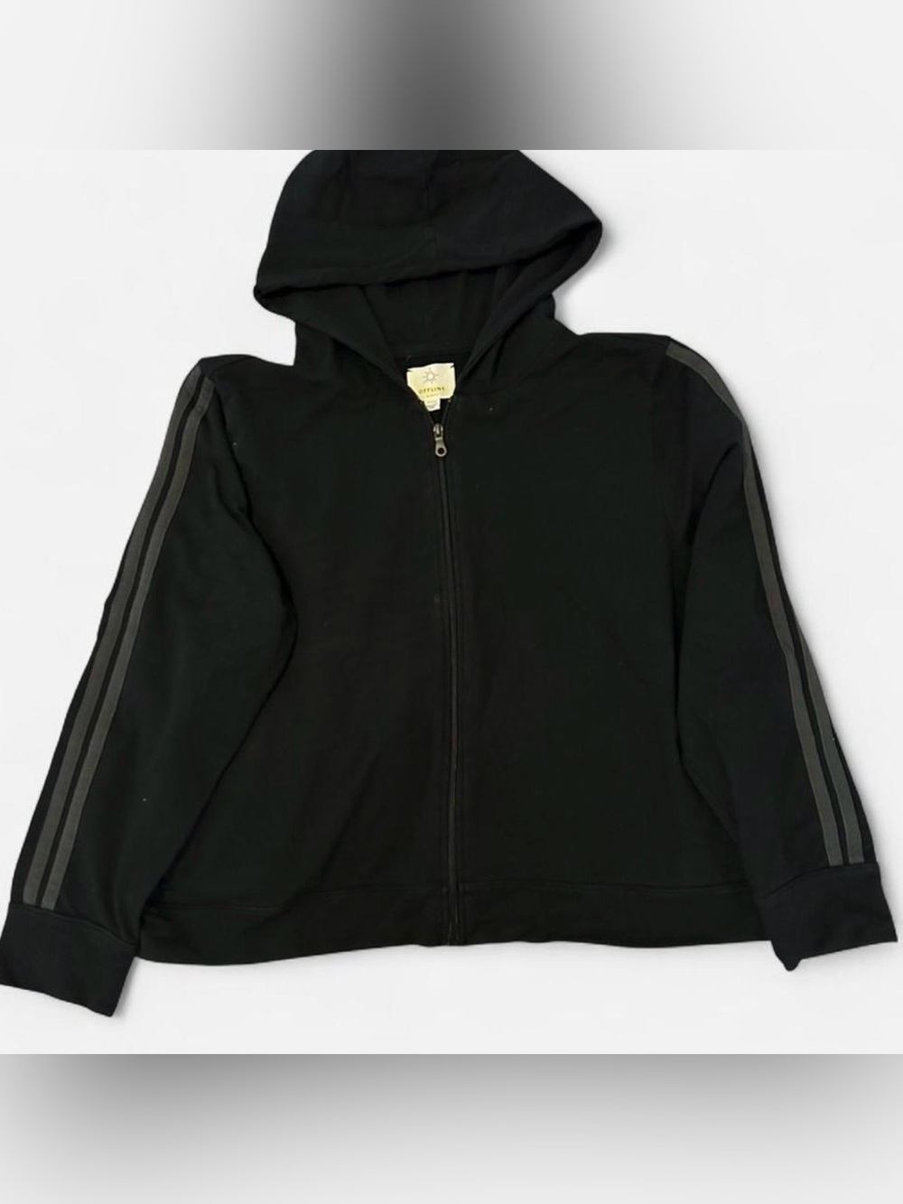 aerie Black Zip Hoodie with Gray Sleeve Stripes